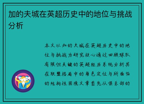 加的夫城在英超历史中的地位与挑战分析